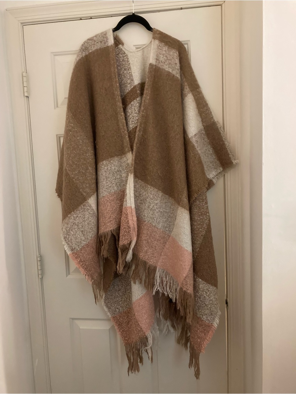 Lane Bryant Blush, Brown, and Cream Knit Fringe Poncho